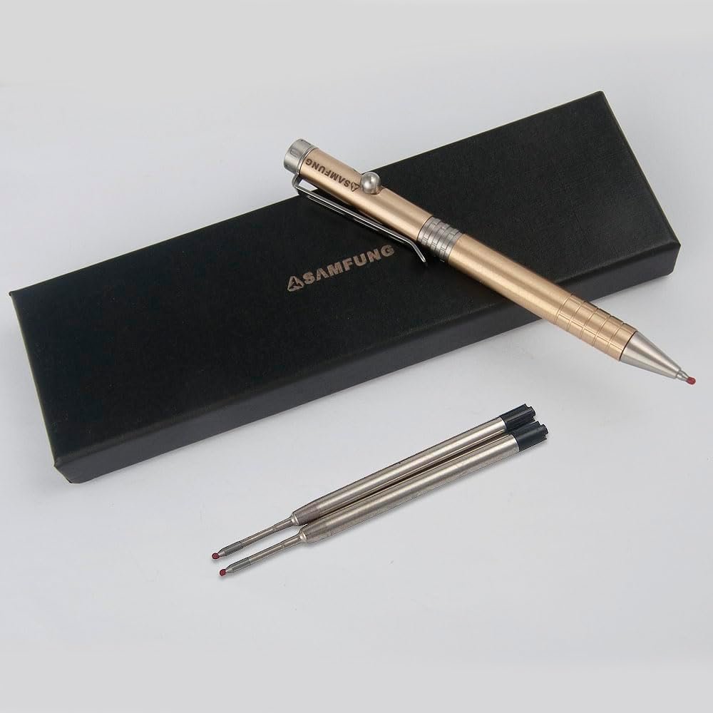 SAMFUNG Stick Ballpoint Pen Solid Brass EDC Pen, Pocket Rollerball Signature Pen with Black Ink Refill for Writing Stationery Gift Office Business
