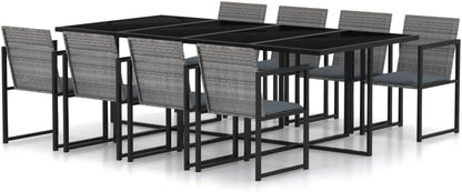 vidaXL 9 Piece Modern Outdoor Dining Set, Poly Rattan Construction with Cushions and Tempered Glass Table Top, Garden/Patio Furniture - Grey