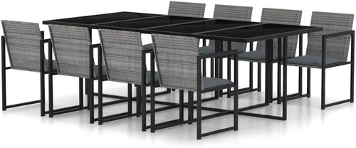 vidaXL 9 Piece Modern Outdoor Dining Set, Poly Rattan Construction with Cushions and Tempered Glass Table Top, Garden/Patio Furniture - Grey