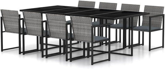 vidaXL 9 Piece Modern Outdoor Dining Set, Poly Rattan Construction with Cushions and Tempered Glass Table Top, Garden/Patio Furniture - Grey
