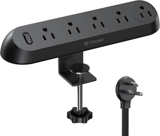 TROND Desk Clamp Power Bar, ETL Listed Surge Protector Power Bar with 5 Outlets, 6 Feet Flat Plug Extension Cord Indoor, Fit 1.97 inch Tabletop Edge Power Strip for Home Office Room Desk Accessories