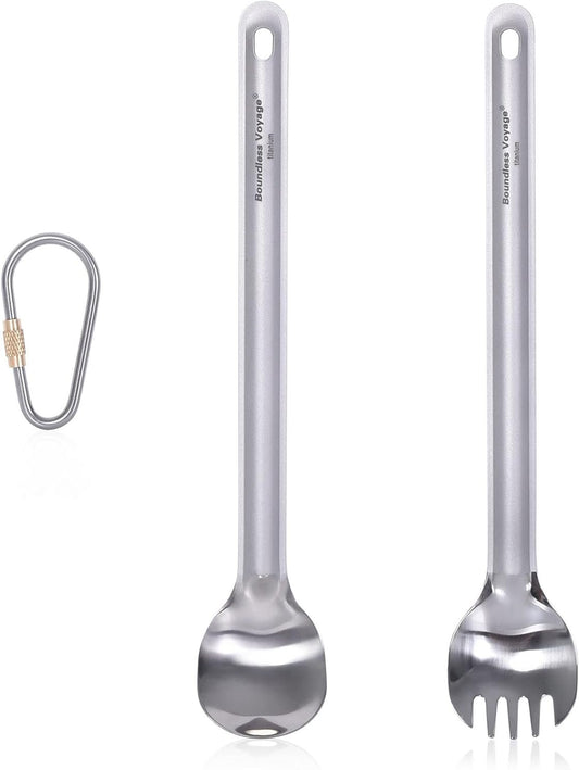 Boundless Voyage 220mm Titanium Long Handle Spoon Spork with Polished Bowl Lightweight Never-Rust (Ti) Professional Flatwear for Outdoor Camping/Travel/Home Use/with Storage Pouch 0.61oz Only