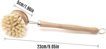 Wooden Dish Brush & Pot Cleaning Brush Premium Long-Handled Dish Brushes Kitchen Brushes with 2 PCS Replacement Heads