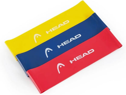 HEAD - Latex Fitness Exercise Bands Kit of 3 Bands and 3 Resistance Levels: 9, 14, 18 kg Usage: Fitness, Strengthening, Warming, Yoga, Pilates, etc. Dimensions: 12 x 3 inches
