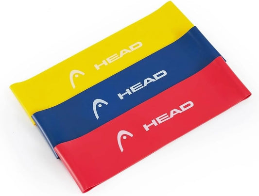 HEAD - Latex Fitness Exercise Bands Kit of 3 Bands and 3 Resistance Levels: 9, 14, 18 kg Usage: Fitness, Strengthening, Warming, Yoga, Pilates, etc. Dimensions: 12 x 3 inches