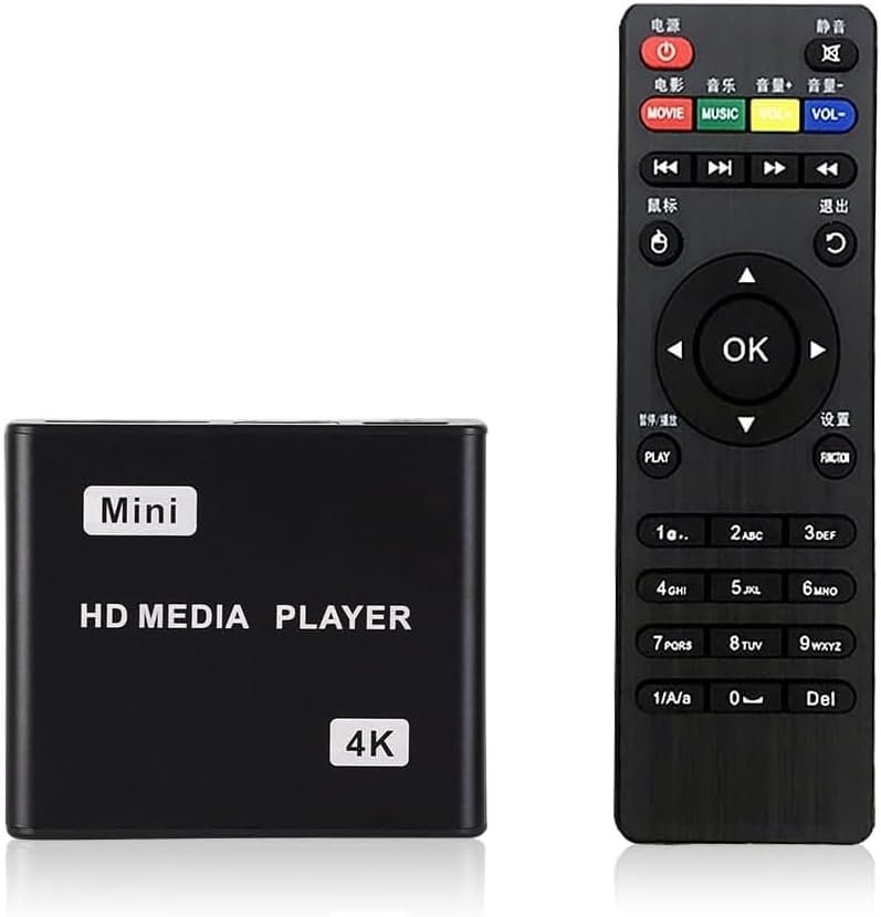HDMI Media Player, 4K Full HD Digital Media Player with Remote Control, Supports USB Drive, SD Card, 4K@30Hz Output, H.265 decoding for Advertising Playback Multimedia TV auto Playback.