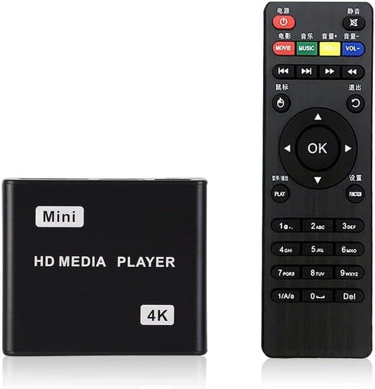 HDMI Media Player, 4K Full HD Digital Media Player with Remote Control, Supports USB Drive, SD Card, 4K@30Hz Output, H.265 decoding for Advertising Playback Multimedia TV auto Playback.