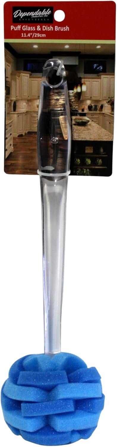 Soft Touch Kitchen Glassware Multi-Purpose Sponge Puff Dish Brush 11.5" with Clear and Comfortable Ergonomic Handle (1)