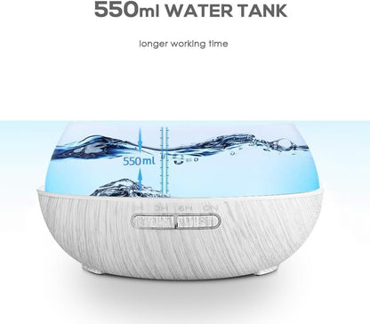 550ml Large Capacity Essential Oil Diffuser Aromatherapy Ultrasonic Diffusers Humidifier with Timer and 7 Color LED Night Light Setting Auto-Off Function White Wood Grain for Home Office Spa