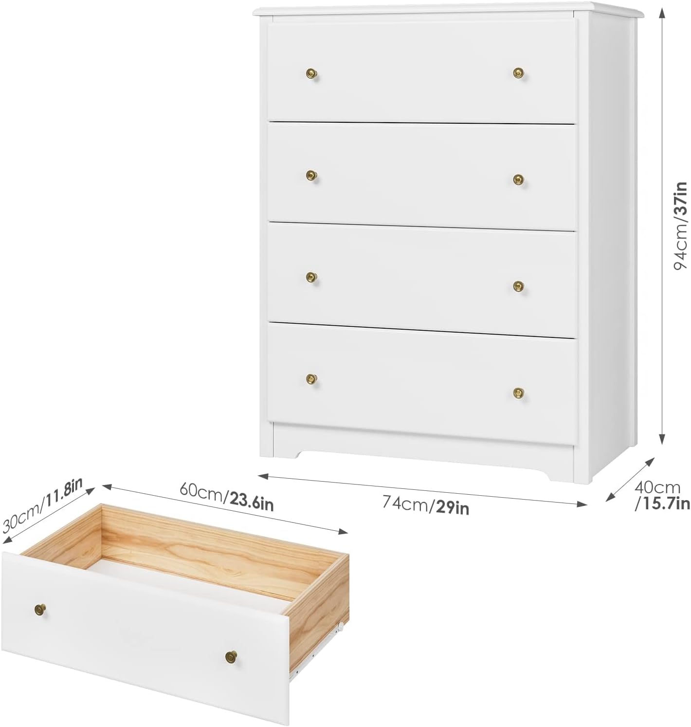 HOCSOK Chest of Drawers, Bedside Table with 4 Drawers, Multi-purpose Modern Design Wooden Cabinet for Bedroom, Hallway, Living Room, White, 74 x 40 x 94 cm