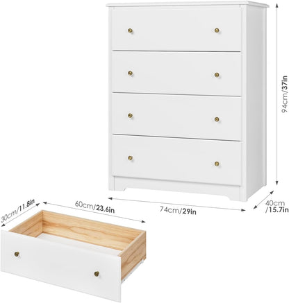 HOCSOK Chest of Drawers, Bedside Table with 4 Drawers, Multi-purpose Modern Design Wooden Cabinet for Bedroom, Hallway, Living Room, White, 74 x 40 x 94 cm