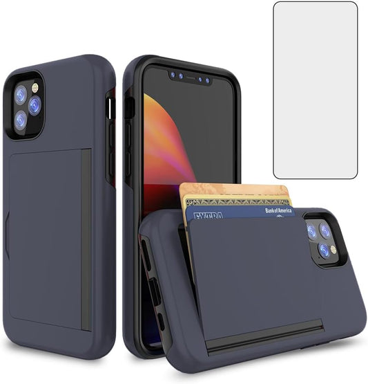 Asuwish Phone Case Compatible with iPhone 16 Pro 6.3 inch and Tempered Glass Screen Protector Cover Cell Accessories Card Holder Slot Kickstand Slim Protective i Phone16 i16 16Pro Women Men Navy Blue