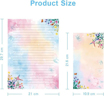 Lined Stationary Paper and Envelopes Set Floral Bird Watercolor Stationary Set with Lined Letter Writing Paper - 48 Sheets + 24 Envelopes, 8 x 11 Inch of Each Stationary Paper