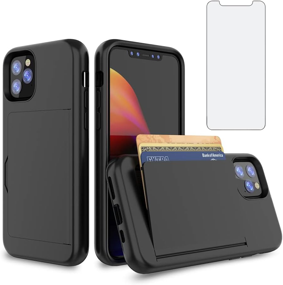 Asuwish Phone Case for iPhone 11 Pro 5.8 with Tempered Glass Screen Protector Cover and Credit Card Holder Stand Slim Hybrid Mobile Cell Accessories iPhone11pro iPhone11 i XI 11s 11pro Women Men Black
