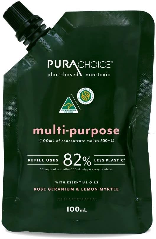 PURA CHOICE® Safe & Natural, Asthma & Allergy Friendly Streak Free Multi-Purpose Cleaner with Rose Geranium & Lemon Myrtle Premium Pure Essential Oil. Includes: 1 x 500mL plus 1 x 100mL Concentrate = 1L of Multi-Purpose Cleaner