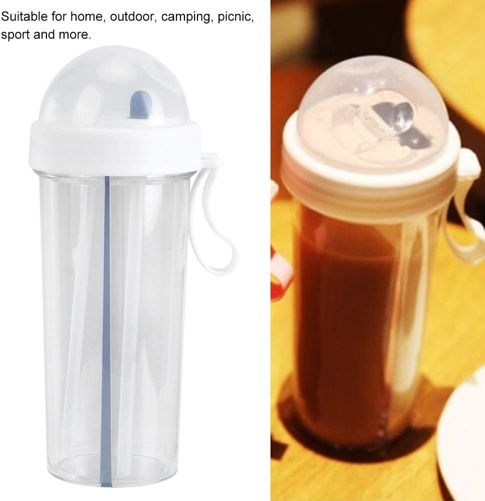 600ml Dual Use Water Bottle, Portable Split Drinking Cup with Straw Two Sided Cup with Divider Daily Water Intake Bottle Double Espresso Cups for Home Outdoor Camping Sport