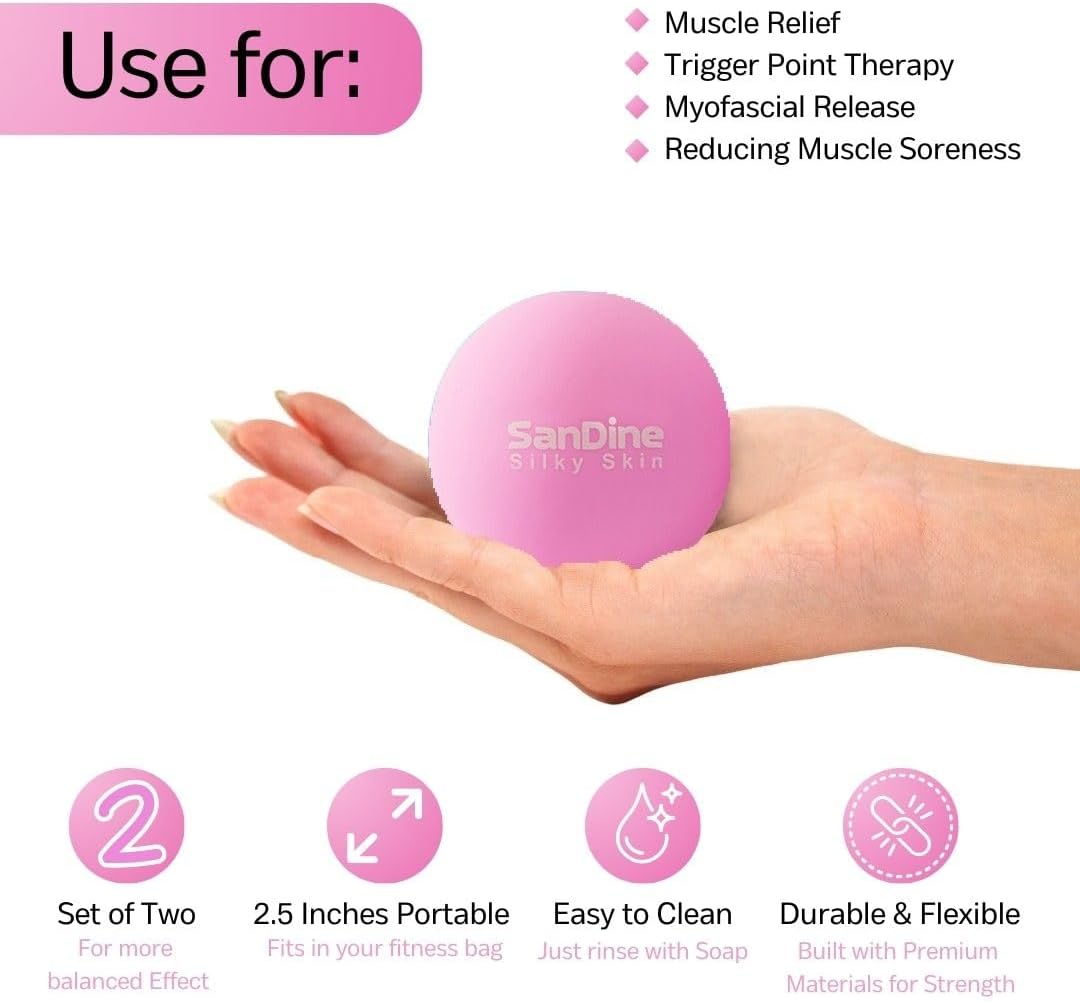Lacrosse Massage Balls for Deep Tissue Massage - Release Tension Relieve Muscle Soreness Enhance Mobility - Ideal for Myofascial Release Trigger Point Therapy - 2Pack Yoga Balls by Sandine (Pink)