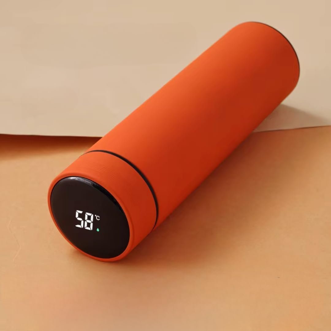 Smart Temperature Display Water Bottle 500ml – Double Wall Vacuum Insulated Stainless Steel, Leakproof, BPA-Free, Hot & Cold Flask (Orange)