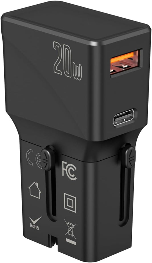 7Pandas International Travel Power Adapter, Mini All-in- One, PD 20W & QC3.0 Type-C Wall European Plug Adaptor Universal Outlet Converter