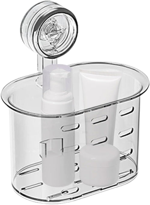 Buhyujkm Bathroom Shower Organizer, Wall Shelf Storage Box, Removable Clear Holder with Suction Cups, No-Drill Mount Design for Toiletries, Cosmetics, Tissue Storage, 4.25x6.54x7.28 Inches