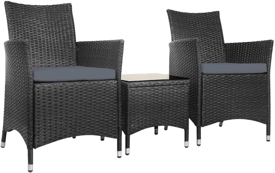 Gardeon 3pcs Wicker Patio Furniture, Bistro Set Table and Chairs Outdoor Lounge Setting Conversation Sets Dining Chair Garden Backyard, Cushion with Rattan Coffee Table Black Glass Tabletop