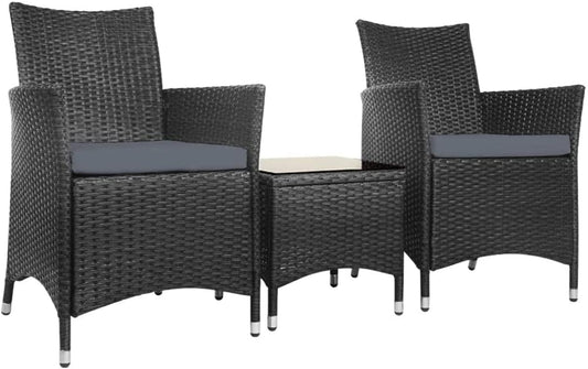 Gardeon 3pcs Wicker Patio Furniture, Bistro Set Table and Chairs Outdoor Lounge Setting Conversation Sets Dining Chair Garden Backyard, Cushion with Rattan Coffee Table Black Glass Tabletop