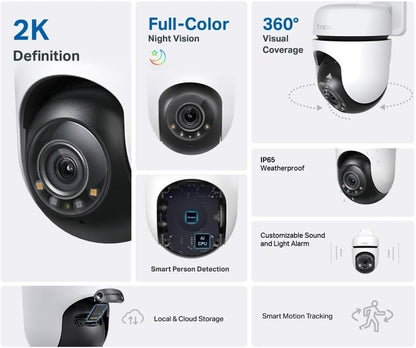 TP-Link Tapo Pan/Tilt Outdoor Security WiFi Camera, 2K, Full-Colour Night Vision, 360Â°, IP65, Smart AI Detection, Sound & Light Alarm, Up to 512 GB, SD Card Slot, No Hub Required (TC41)