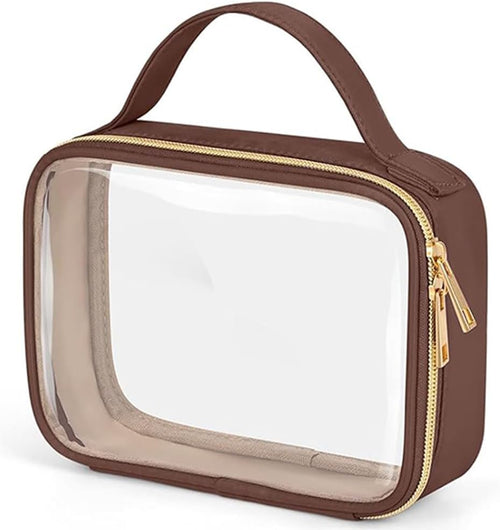 TSA Approved Toiletry Bag, Clear Makeup Bags with Handles, Quart Size PVC Clear Cosmetic Bags for Women and Men, Carry on Airport Airline Compliant Bag, Brown