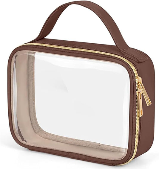TSA Approved Toiletry Bag, Clear Makeup Bags with Handles, Quart Size PVC Clear Cosmetic Bags for Women and Men, Carry on Airport Airline Compliant Bag, Brown