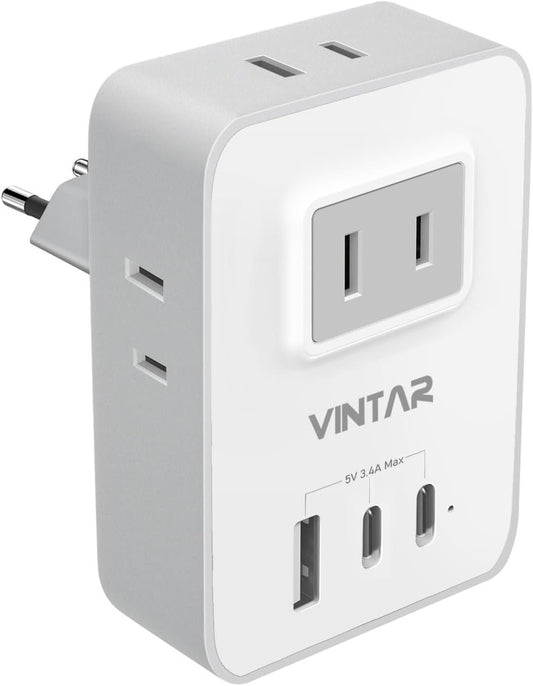 1 Pack European Travel Plug Adapter,VINTAR Travel Adapter for Europe with 2 USB C,1 USB A Ports and 4 US Outlets, Canada to Most of Europe Italy France Spain Portugal(Type C)
