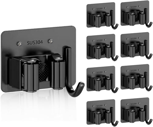 8 Pack Broom Holder Wall Mount,Heavy Duty Stainless Steel Organizer Mop Holder Hanger Garden Tool Organizers Storage Rack Garage Laundry Room Organizations and Storage(Black, 8 Pack with Hooks)