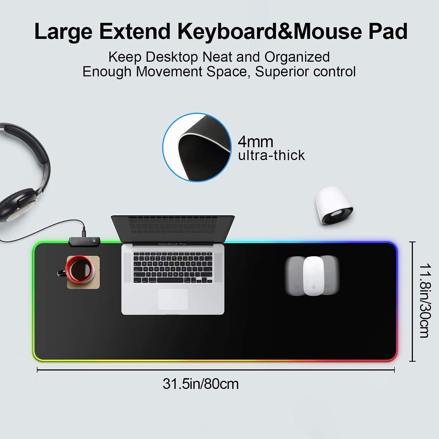 ZHQIAN RGB Gaming Mouse Pad Extended Large LED Mouse Pad Anti-Slip Base Computer Keyboard Mouse Mat for Gaming Computer/Laptops/Office Desk (31.5 x 11.8 x 0.15 in, Black)