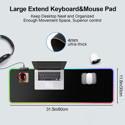 ZHQIAN RGB Gaming Mouse Pad Extended Large LED Mouse Pad Anti-Slip Base Computer Keyboard Mouse Mat for Gaming Computer/Laptops/Office Desk (31.5 x 11.8 x 0.15 in, Black)