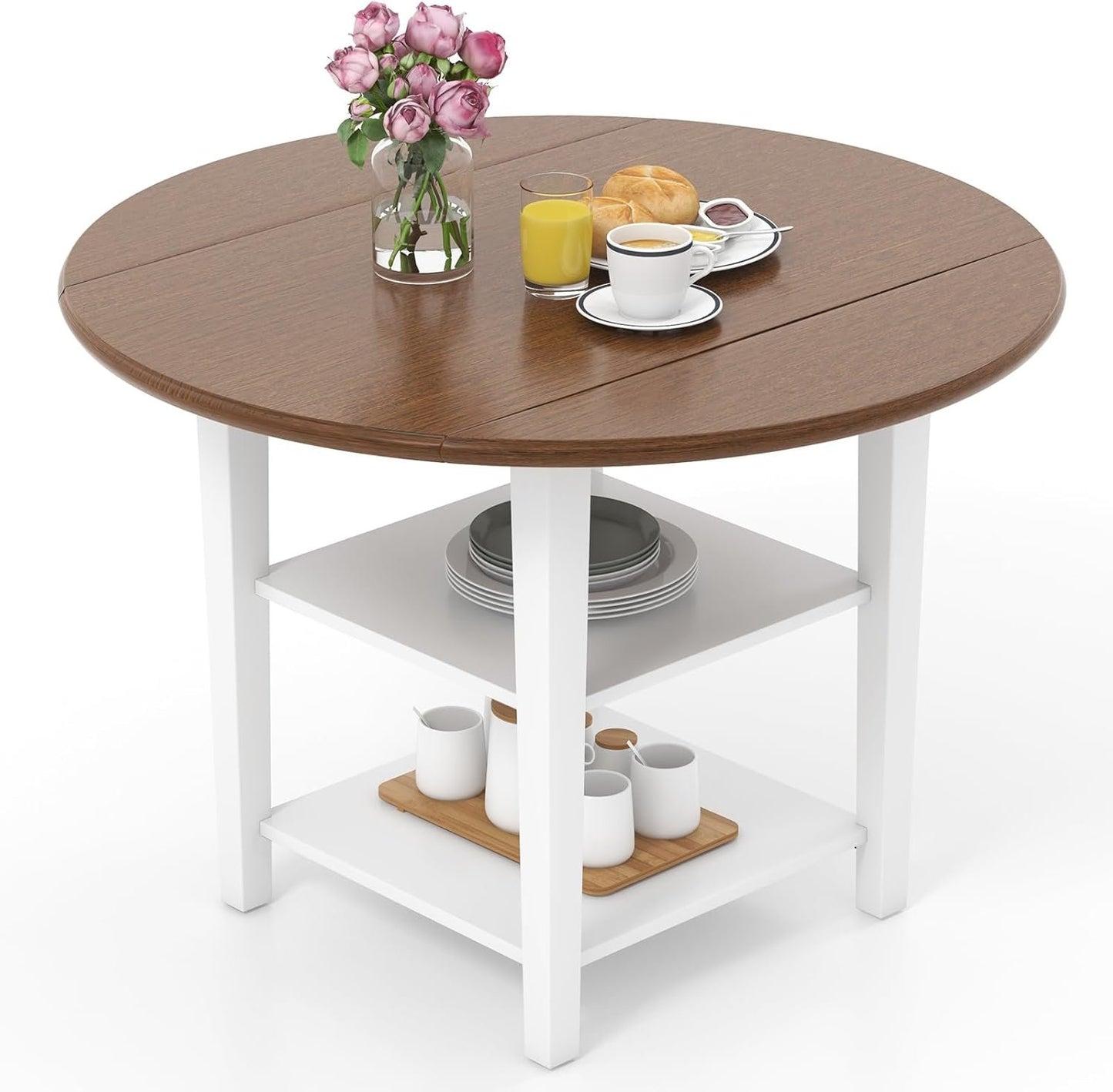 Giantex 42.5 Inches Round Dining Table, Drop Leaf Kitchen Table with Storage Shelves, Expandable Tabletop for Small Space, Dining Room, Living Room, Dinner Table for 4