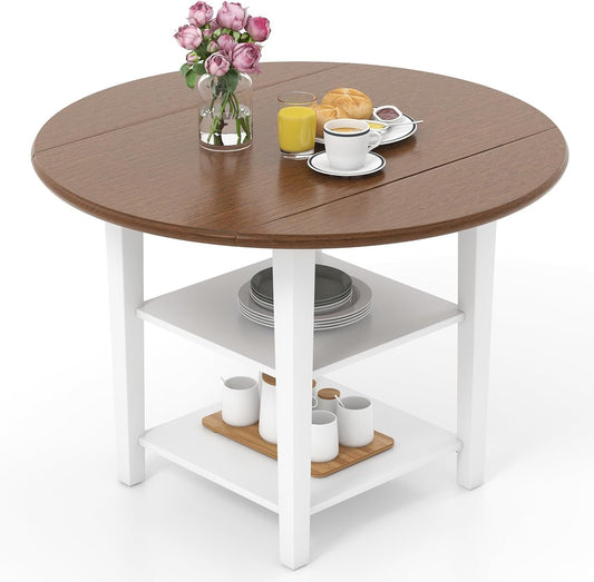 Giantex 42.5 Inches Round Dining Table, Drop Leaf Kitchen Table with Storage Shelves, Expandable Tabletop for Small Space, Dining Room, Living Room, Dinner Table for 4
