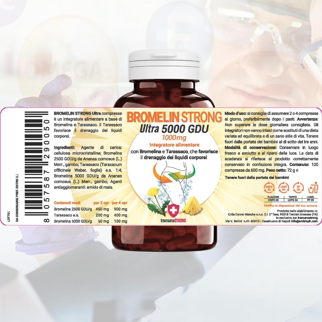Bromelain Forte Draining - Pure Draining Bromelain High Dosage 5000 Gdu with Dandelion with Anti-Cellulite and Detox Action 120 Tablets 1000 Mg - ImmunoSTRONG