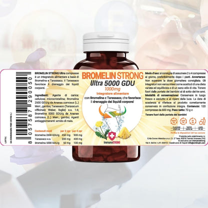 Bromelain Forte Draining - Pure Draining Bromelain High Dosage 5000 Gdu with Dandelion with Anti-Cellulite and Detox Action 120 Tablets 1000 Mg - ImmunoSTRONG