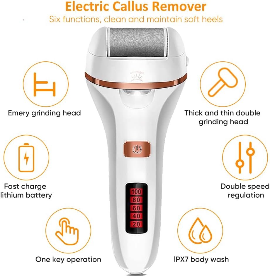 Electric Callus Remover for Feet | Rechargeable Foot File, Electric Foot Scrubber | 18 Piece Pedicure kit for Cracked Heels & Dead Skin with 3 Roller Heads By Quantum Lux (Rose Gold)