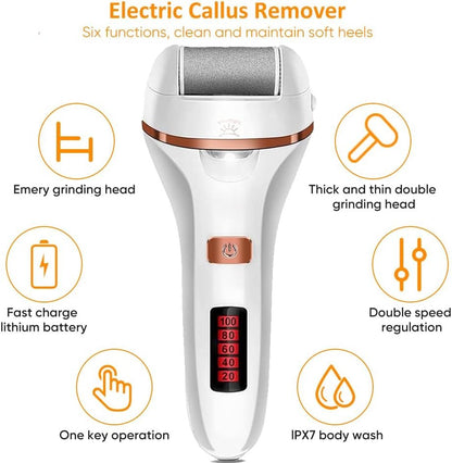 Electric Callus Remover for Feet | Rechargeable Foot File, Electric Foot Scrubber | 18 Piece Pedicure kit for Cracked Heels & Dead Skin with 3 Roller Heads By Quantum Lux (Rose Gold)