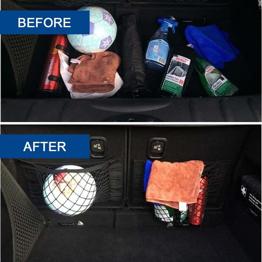 TOMVAES 4 Pack Car Trunk Net Mesh Auto Cargo Storage Organizer Small Elastic Netting Pocket Wall Sticker Add on Pouch Bag for SUV, Truck, RV,25x30cm