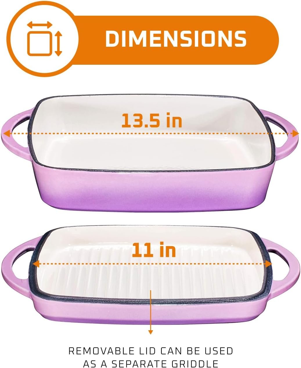 2 In 1 Enameled Square Cast Iron Baking Pan Cookware Dish With Grill Lid, 11-inch Multi Baker Casserole Dish, Lasagna Pan, Purple