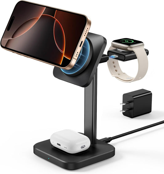 ESR 3-in-1 Wireless Charger Stand with MagSafe, Removable Made for Apple Watch Certified Charger, MagSafe Charging Station, Magnetic Charging, iPhone 16/15/14/13/12 Series, AirPods Pro 4/3/2, Black