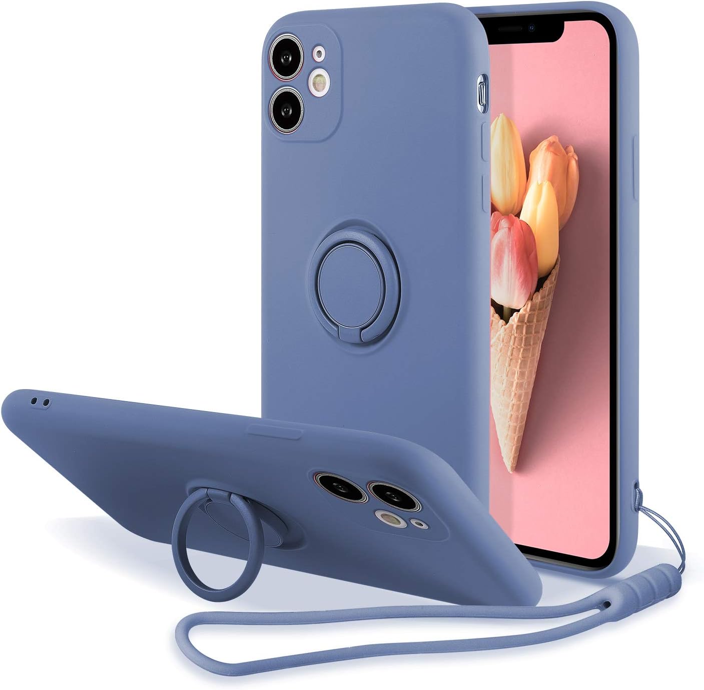 UEEBAI Case for iPhone 11 (6.1 inch), Slim Liquid Silicone Phone Case with 360 Rotatable Ring Holder Kickstand Fashion Hand Strap Magnetic Car Mount Shockproof TPU Bumper Cover - Grey Blue