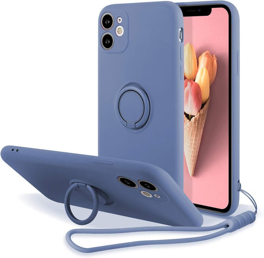 UEEBAI Case for iPhone 11 (6.1 inch), Slim Liquid Silicone Phone Case with 360 Rotatable Ring Holder Kickstand Fashion Hand Strap Magnetic Car Mount Shockproof TPU Bumper Cover - Grey Blue
