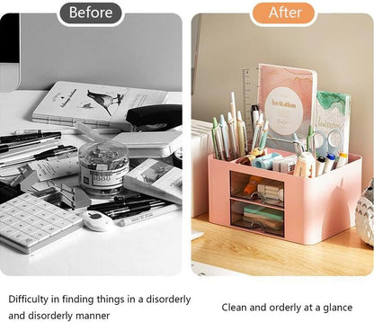 Desk Organizer Office with Drawer Pen Holder for Storage Box Accessories Organizers and Home School Multifunctional with 4 Compartments 2 Drawers Cute Plastic for Makeup Desktop Storage Organization