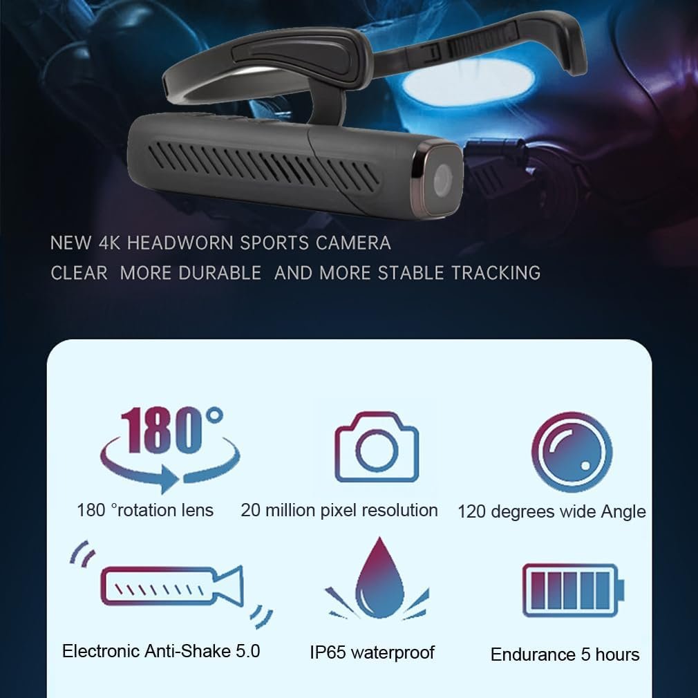 XRC TECH Camcorder 4K Head Mounted Action Camera Wearable Video Camera Anti-Shake Recorder WiFi Hands-Off Camera IP65 Waterproof Webcam