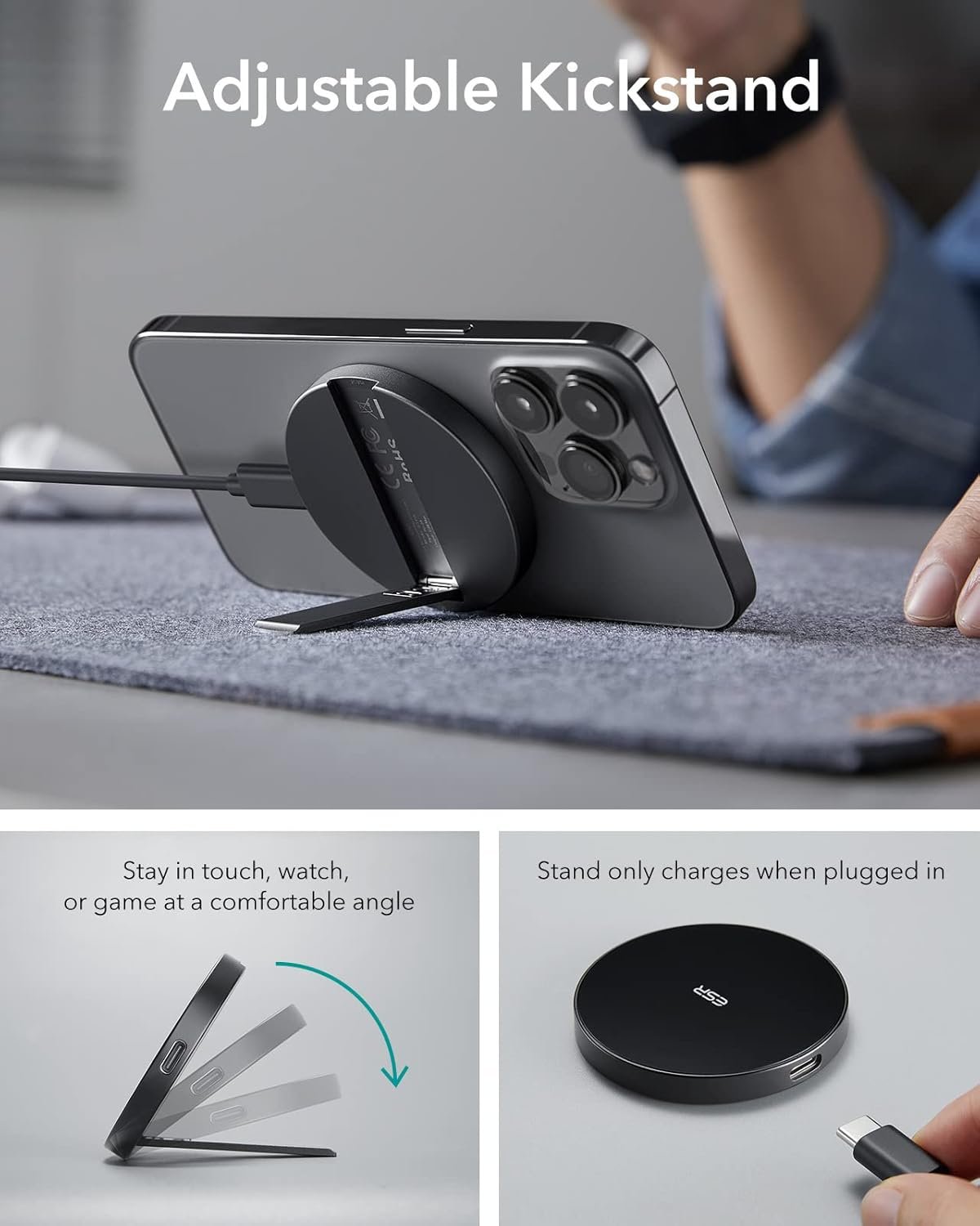 ESR for Magsafe Charger, Wireless Charger Kickstand, Charging Pad for iPhone 16/15/14/13/12 Series Galaxy S25 Series and Airpods pro, Strong Magnetic Charger Pad with A/C Cable, Black