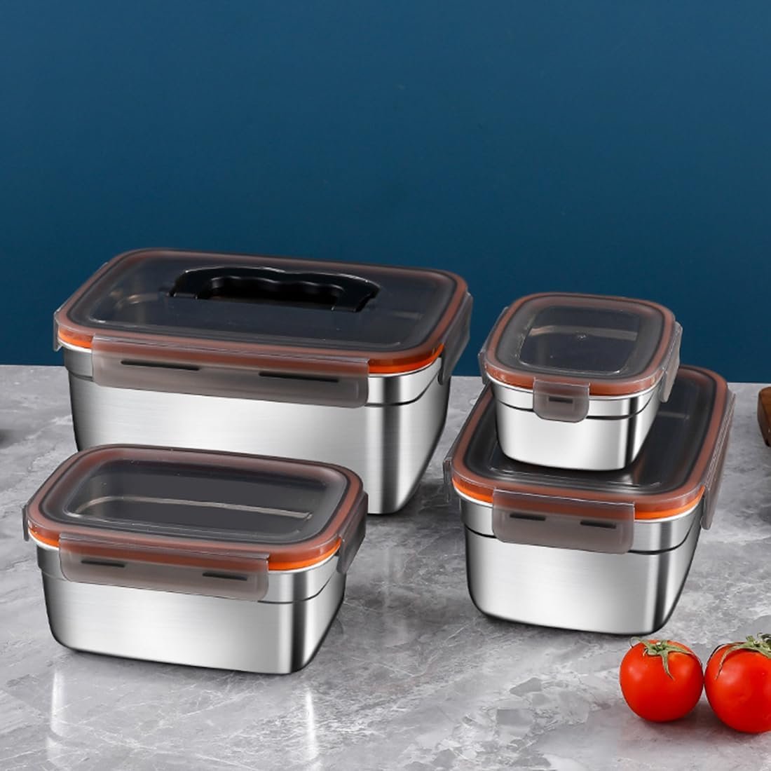 SYAMEET 4-Pack Food Storage Containers with Airtight Lids,Stainless Steel Bento Lunch Box, Leak-Proof Metal Food Storage Boxes for Kitchen, Fridge & Travel, 550ml/1100ml/1900ml/3500ml Sizes, BPA-Free