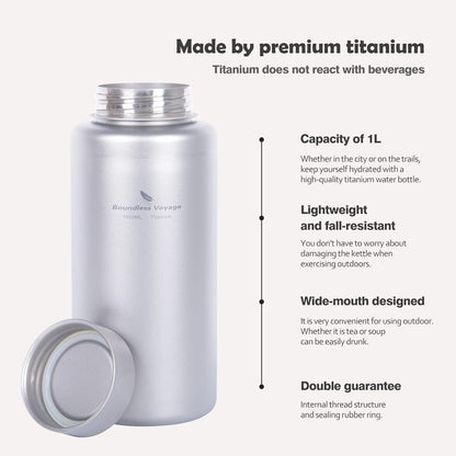 Boundless Voyage Titanium Water Bottle 1 Liter Single-layer Sports Bottle Ultralight Leakproof Drinkware for Outdoor Camping Hiking