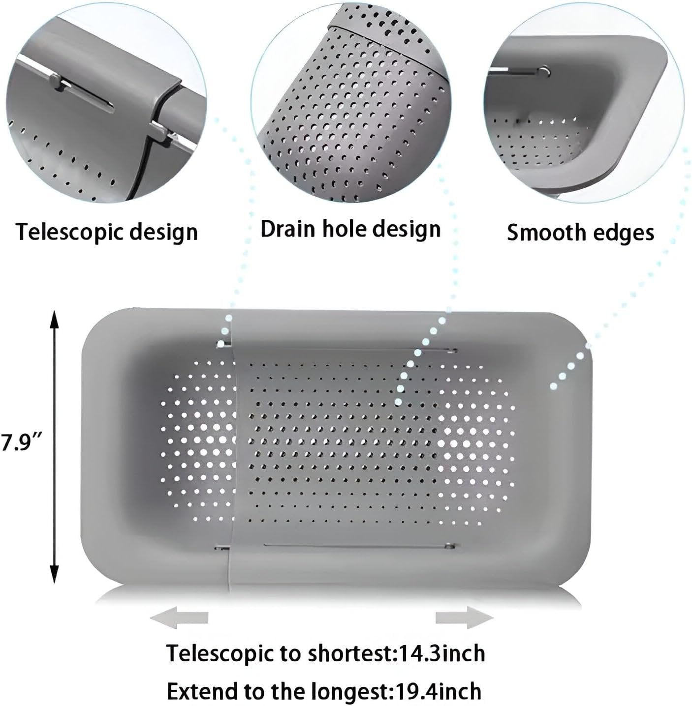 3 in 1 Pack Kitchen Sink Colander Strainer Basket, Home Apartment Kitchen Essentials, Fruit and Vegetable Colander, strainers and colanders, Food Strainer, Extendable Colander Strainer Basket - Grey